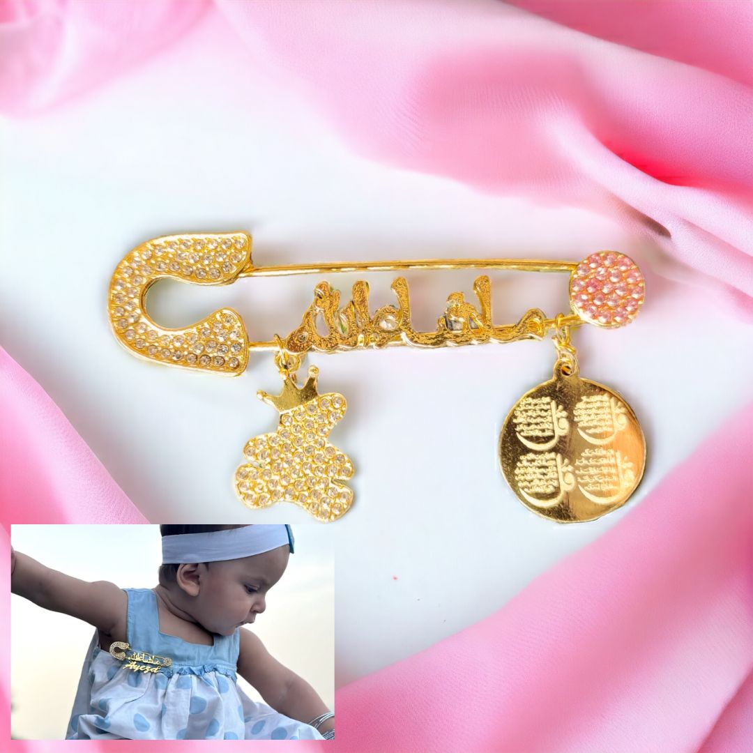 Masha Allah Baby Pin With T and  ( Arabic ) Golden and ( PINK Color )( 4 QUL )