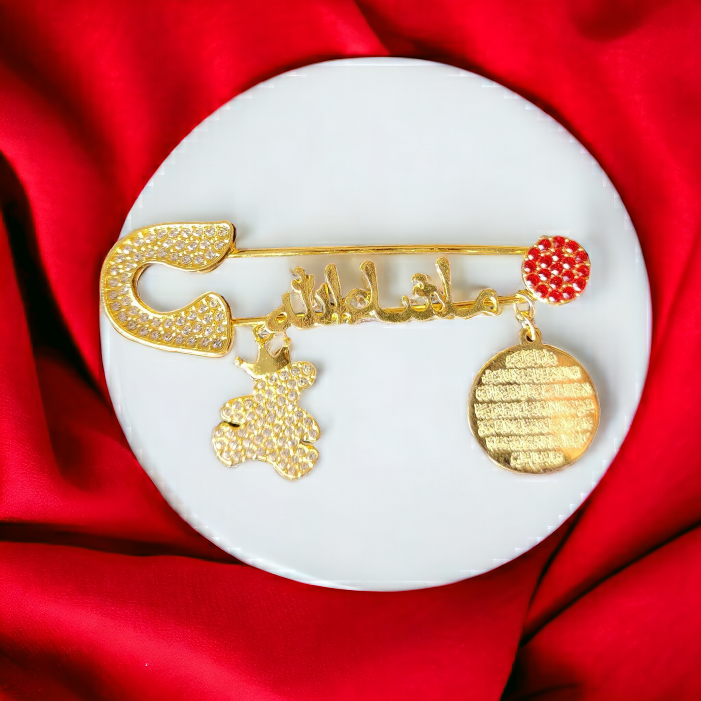 Masha Allah Baby Pin With T and  ( Arabic ) Golden and ( RED Color )( AK )