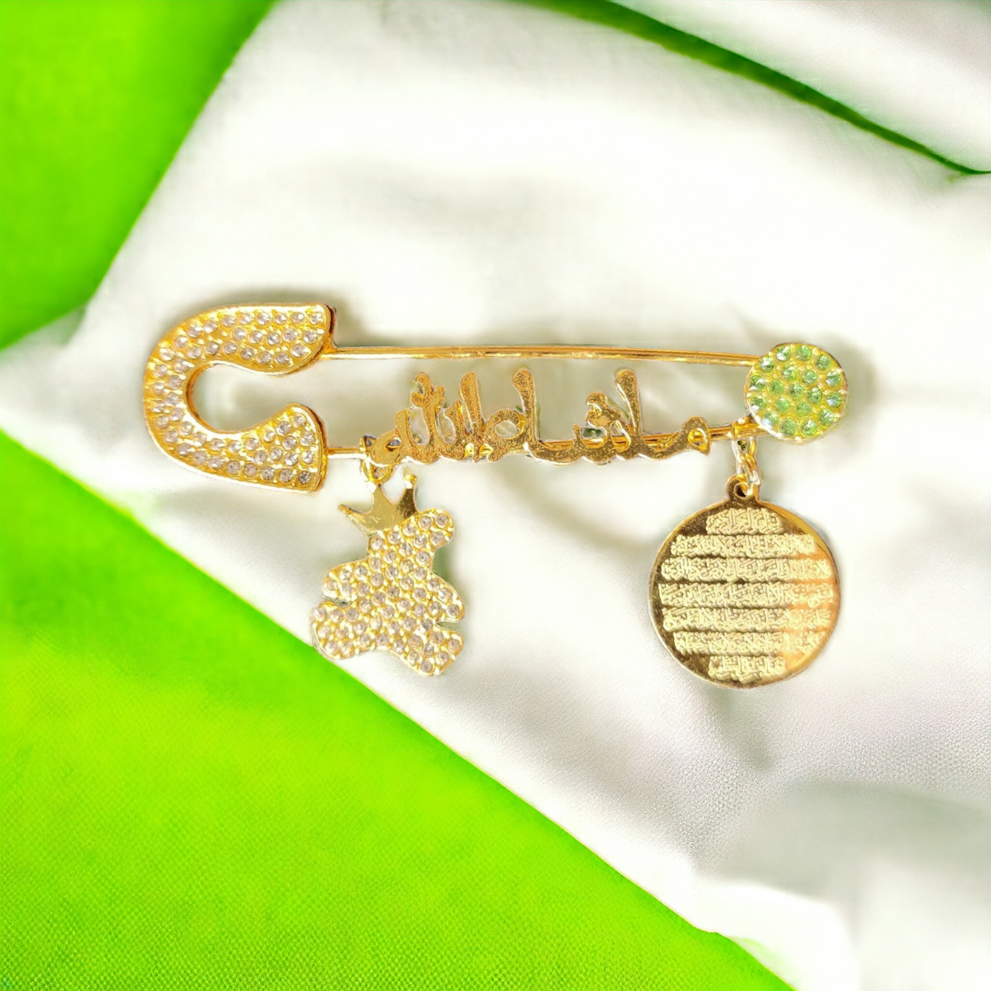 Masha Allah Baby Pin With T and  ( Arabic ) Golden and ( Green Color )( AK )