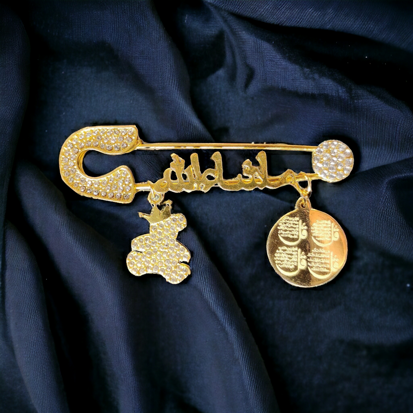 Masha Allah Baby Pin With T and  ( Arabic ) Golden and ( Transparent Color )( 4 QUL )